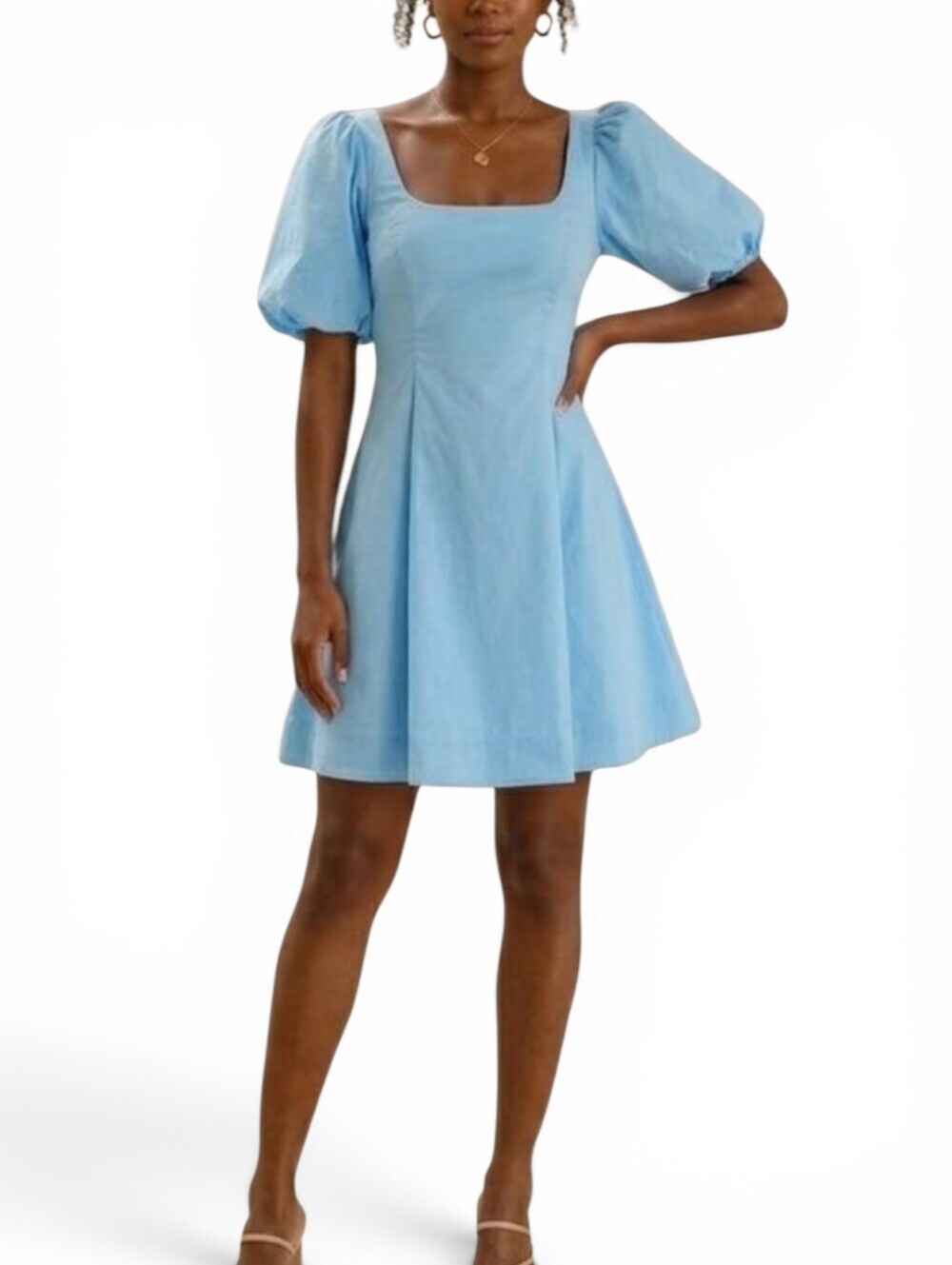 STAUD Laelia Puff Sleeve Square Neck Mini Dress In Turquoise Size 12 NWT